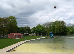 Pool, April 2010. The trees are green.