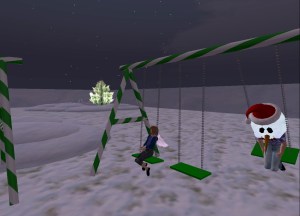 Swing Party. You had the option of wearing a snowman head, a fun if surreal experience. Guild of Healers retreat, Second Life, December 2009