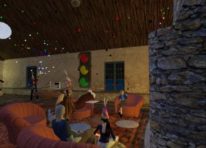 Retirement party. We talk and are festive. Guild of Healers retreat, Second Life, December 2009.